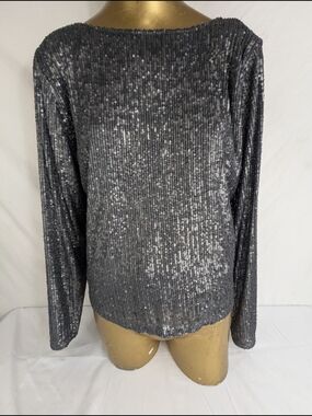 Halogen Stunning Silver Sequin Boatneck Long-Sleeve Blouse Medium